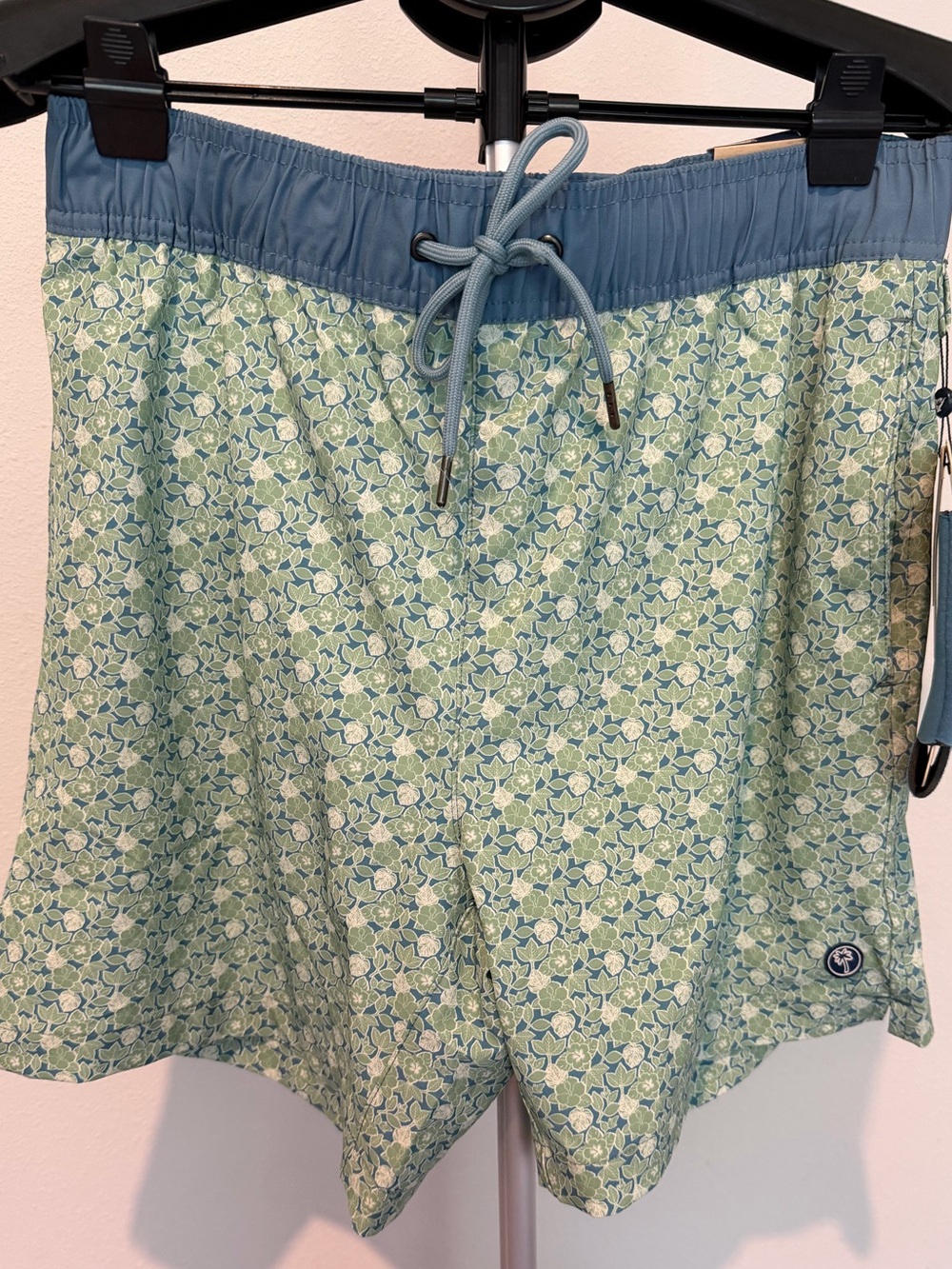 Beach Bros. Men's Light Green Floral Swim Trunks with Slate Blue Waistband